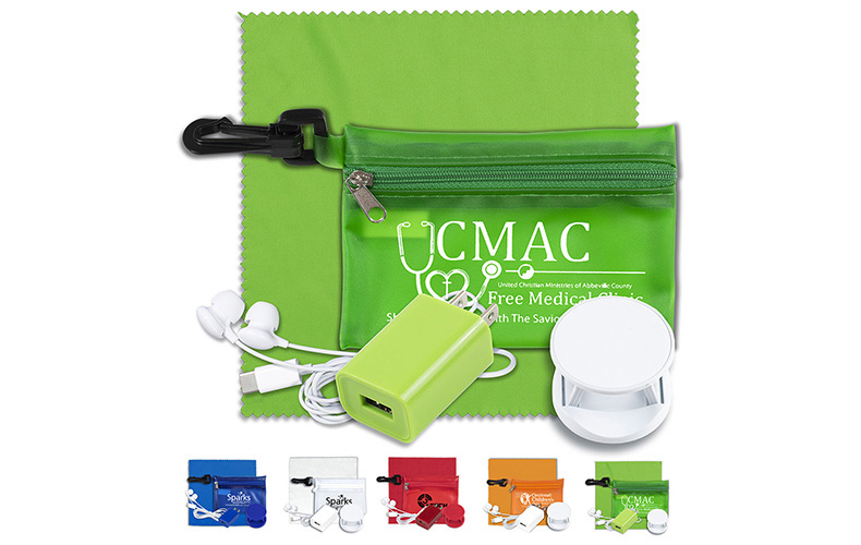 Mobile Tech Auto and Home Accessory Kit in Translucent Carabiner Zipper Pouch